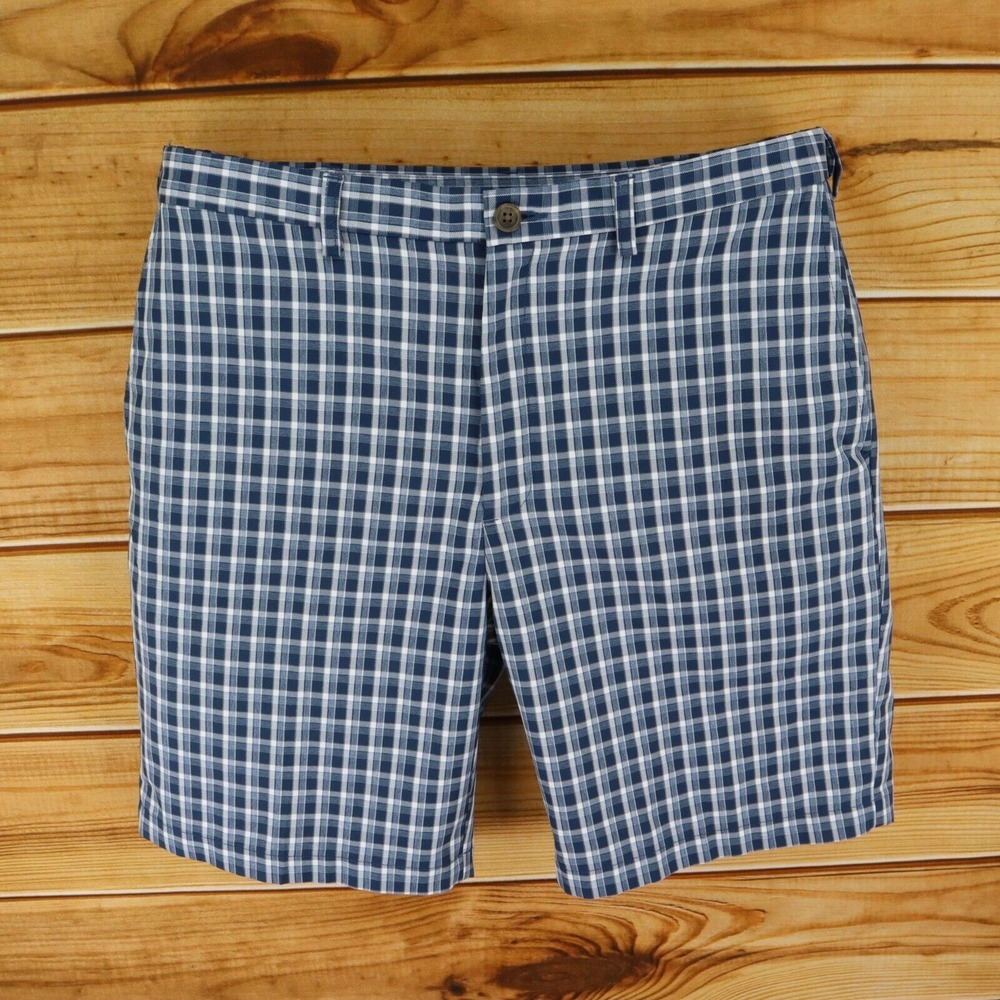 Cool 18 Pro Shorts Mens Sz 38 Blue Plaid 100% Polyester Chino Pockets Flat Front